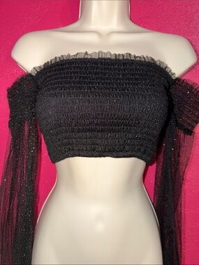 Rehab Black sparkling  top with Mesh long sleeves. Sz S. Whimsigoth. Fairycore.